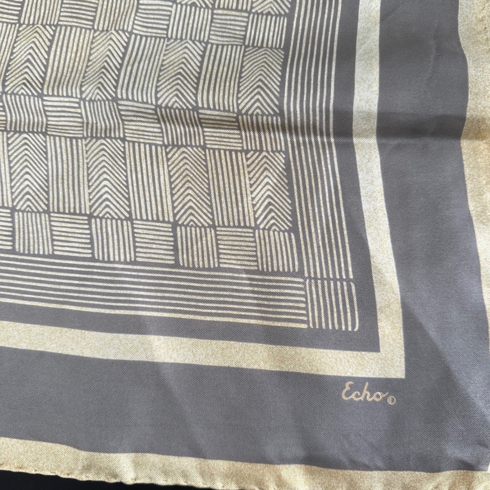 Echo Silk Square Scarf Grey Gold Geometric Basketweave Hand Rolled Edge 26x26